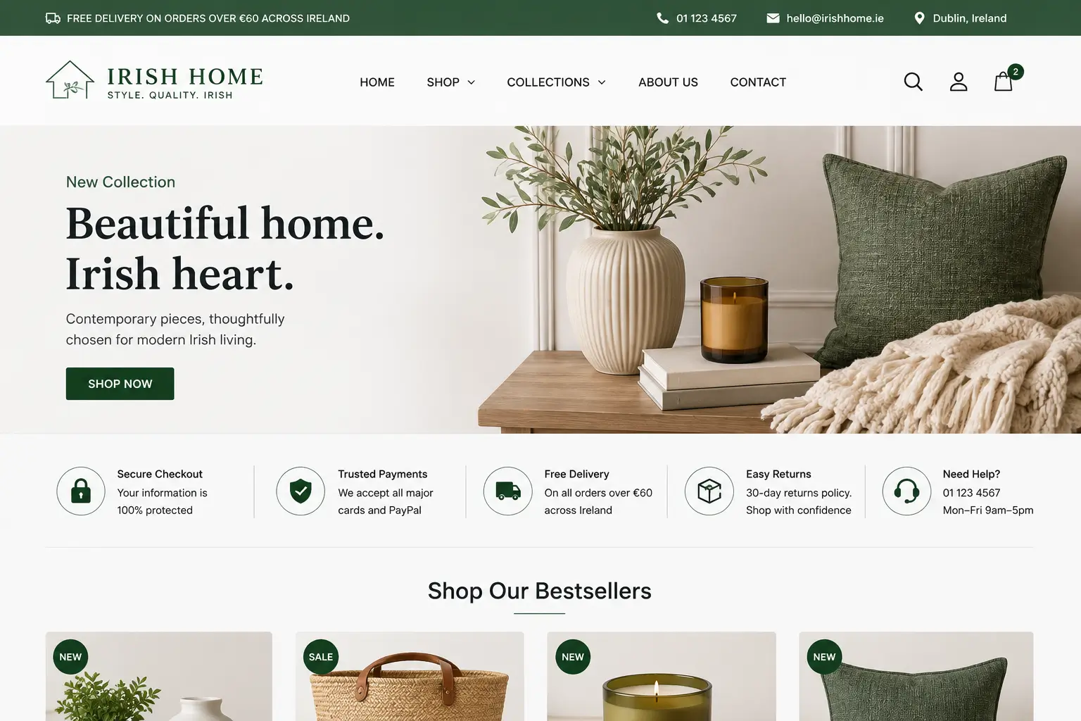 A new Irish ecommerce store homepage showing secure checkout badges, clear contact details and a returns policy link that build customer trust