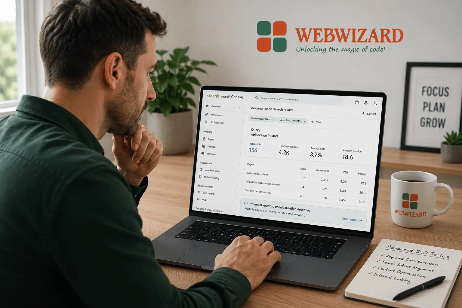 A consultant reviewing Search Console data and a content cluster map, illustrating advanced SEO tactics for Irish businesses tackling cannibalization and topical authority