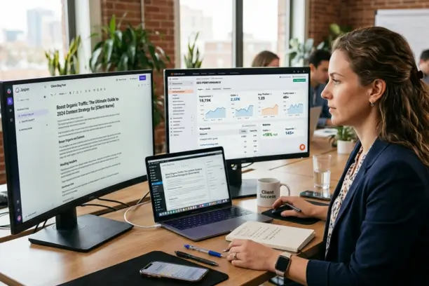 Marketer reviewing AI-generated content and SEO performance data side by side before publishing a client blog post