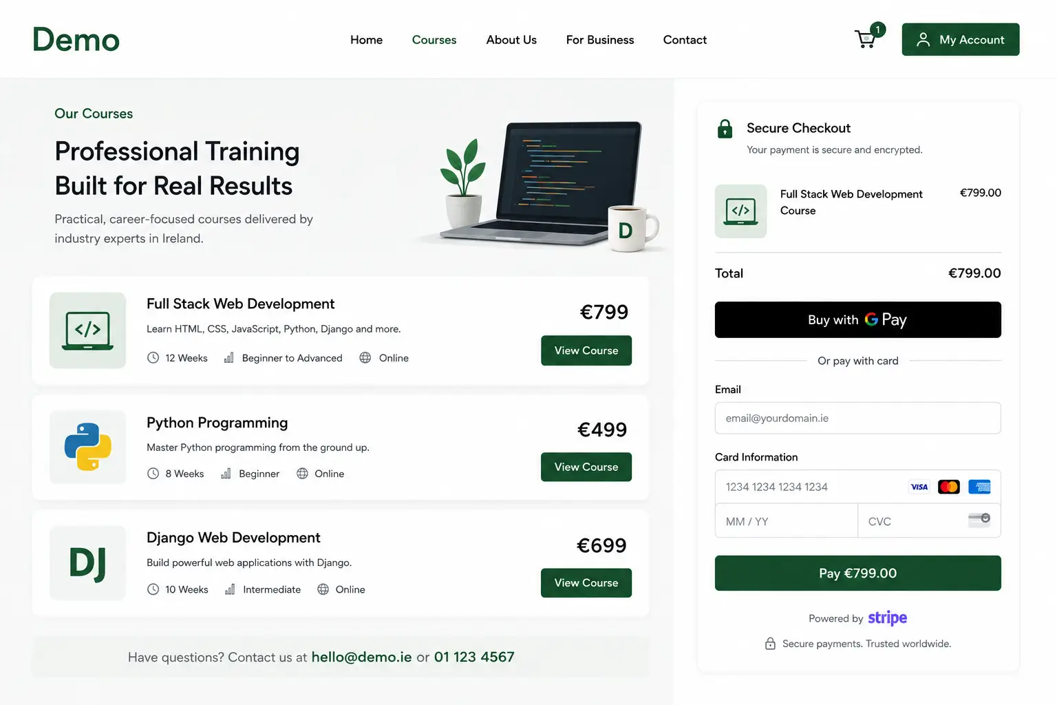 Irish training provider website showing a course listing page with a secure Stripe checkout for online payment