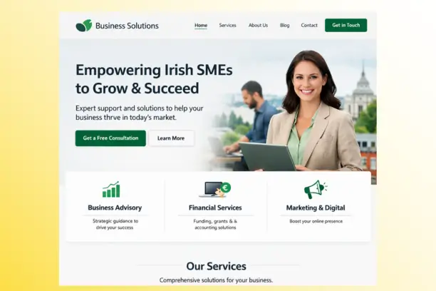 Business website homepage design layout showing clear value proposition, navigation, and call-to-action sections for Irish SMEs