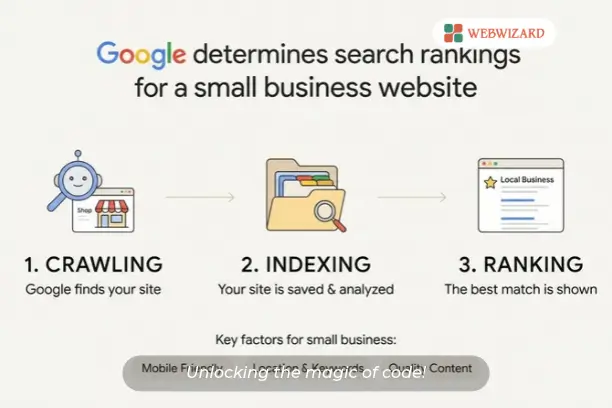 Diagram of how Google determines SEO rankings, from crawling and indexing to ranking a small business website in search results