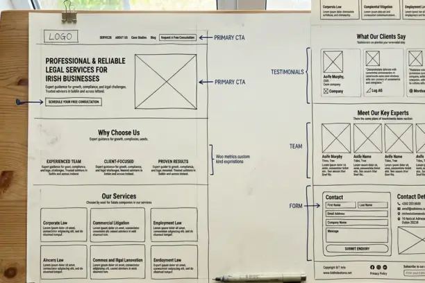 Professional service page wireframe for an Irish business website showing headline, trust signals, CTA, and enquiry form layout