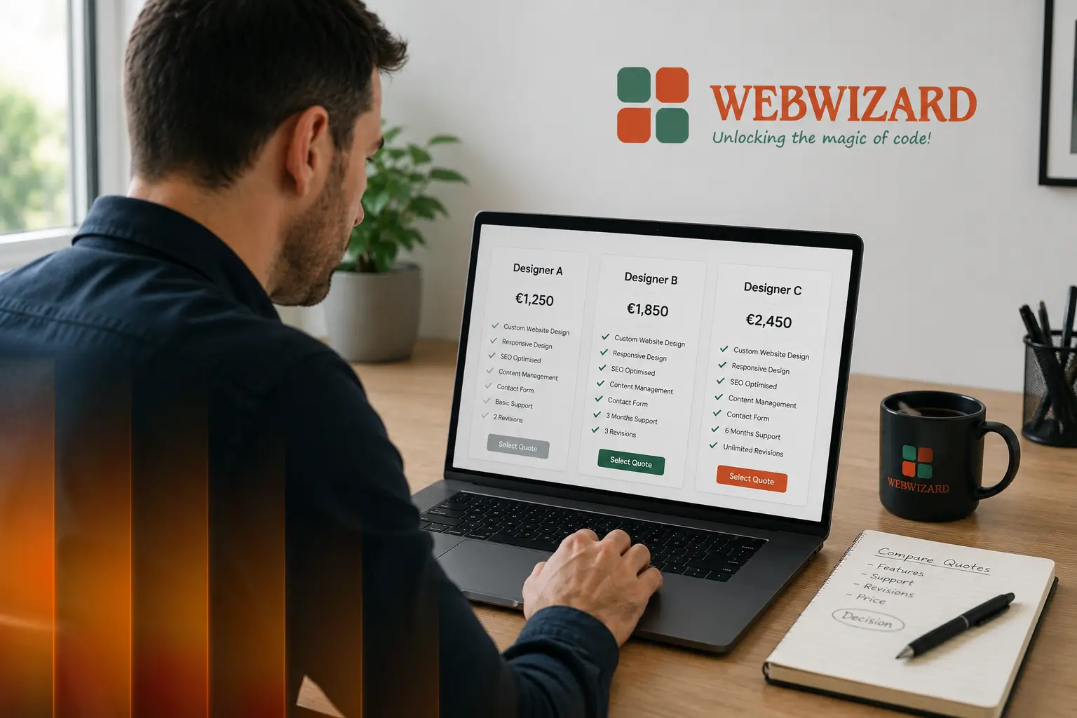 Irish business owner reviewing a web designer shortlist and pricing checklist before signing a contract