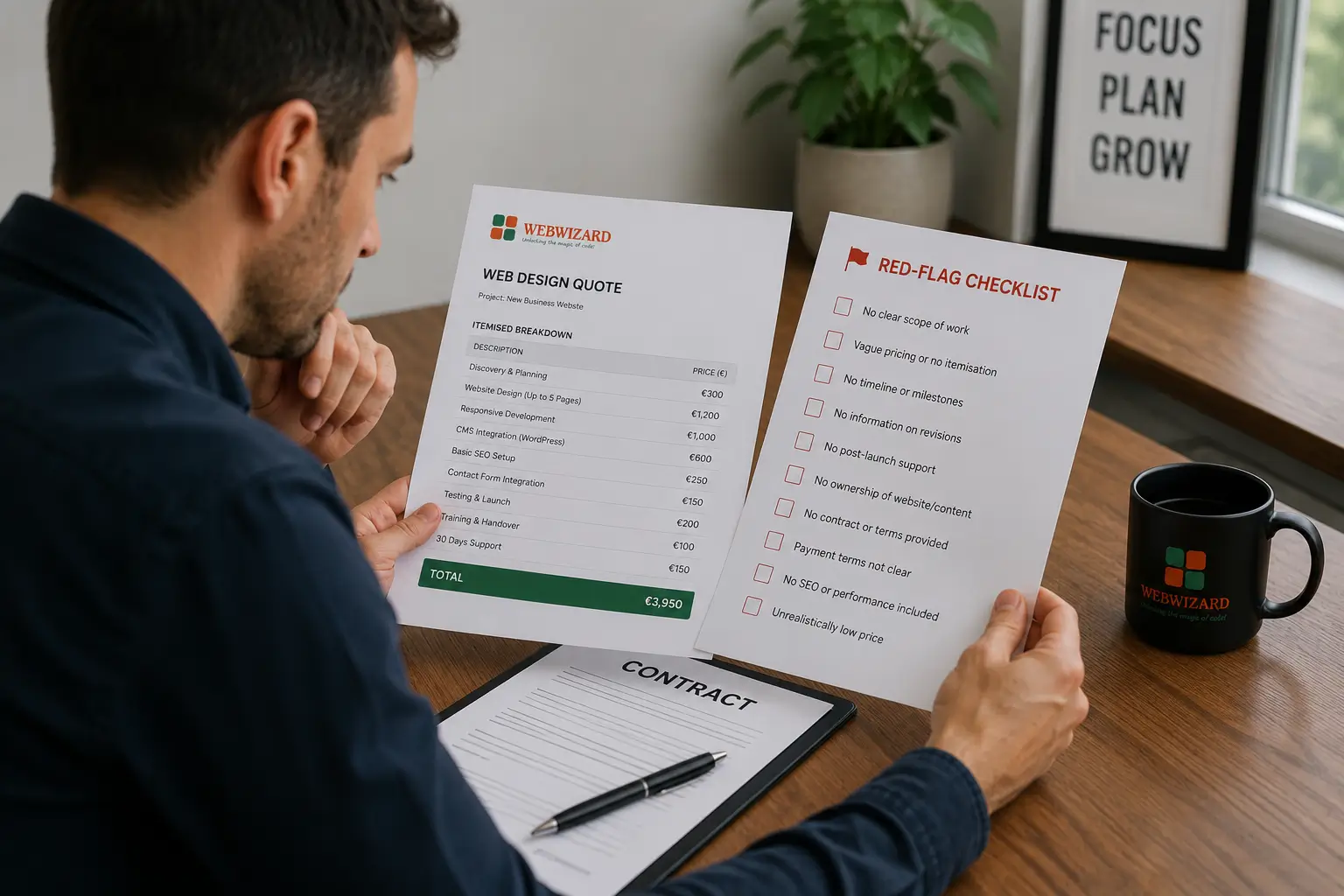 An Irish small business owner comparing an itemised web design quote against a red-flag checklist before signing a contract