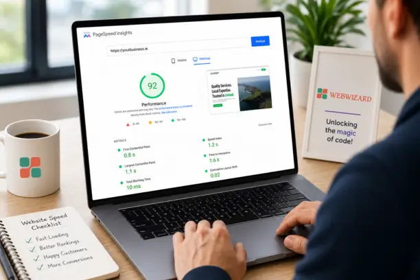 Business owner reviewing a WordPress website speed score on Google PageSpeed Insights on a laptop, to improve loading time for Irish customers