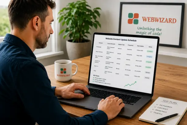 Irish small business owner reviewing a website content update schedule on a laptop to improve SEO rankings