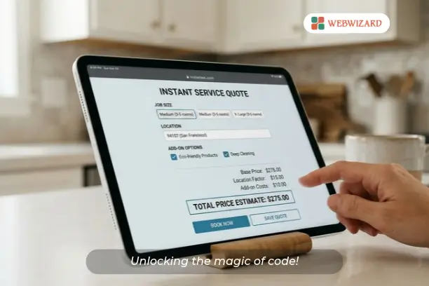 Instant quote tool on a tablet showing a service price estimate built from job size, location and add-on options