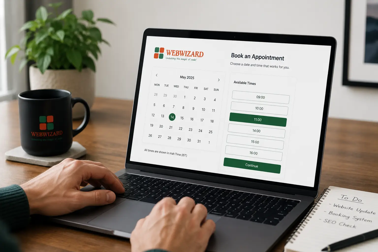 Online booking system calendar showing available appointment slots on an Irish small business website