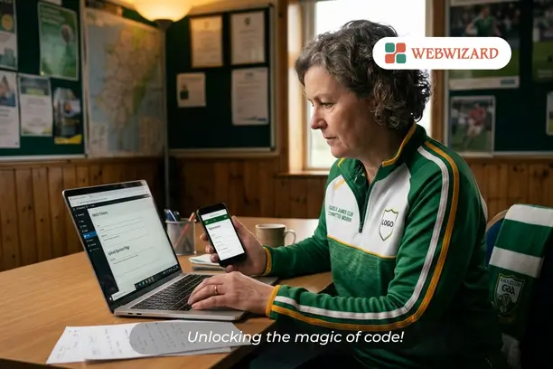 GAA committee member updating fixtures and a sponsors page on a sports club website from a laptop and phone
