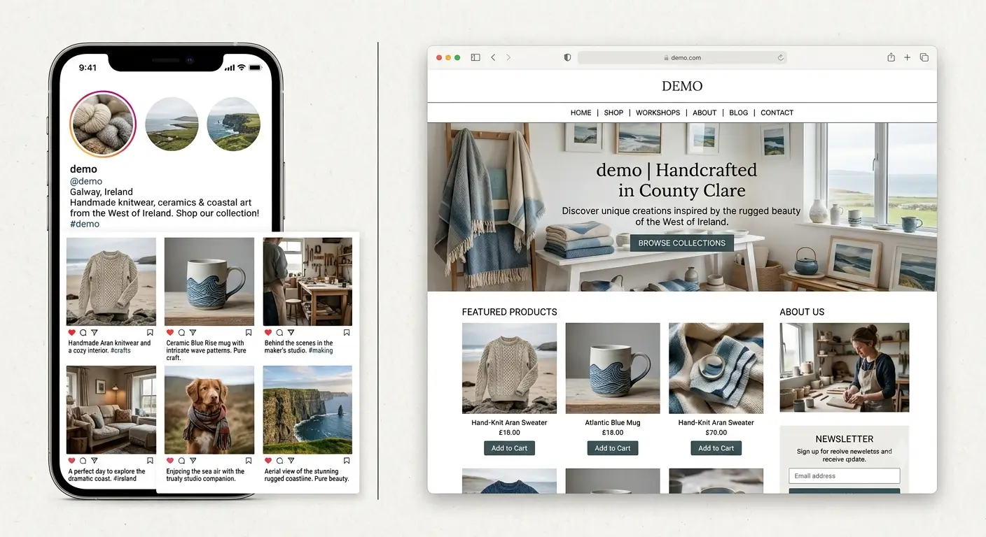 Split-screen comparison of an Instagram feed and a professional website illustrating website vs social media for an Irish business