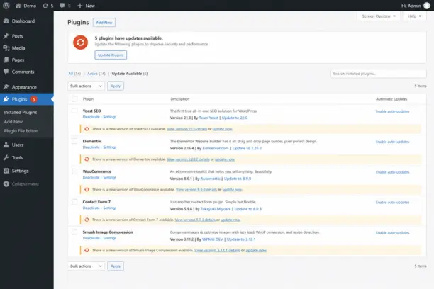 WordPress admin dashboard showing outdated plugin update notifications on an Irish business website highlighting security risks