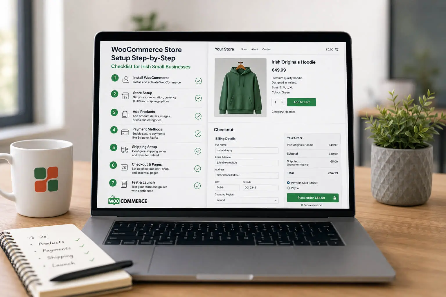 WooCommerce store setup step-by-step checklist for Irish small businesses shown on a laptop with product and checkout pages open