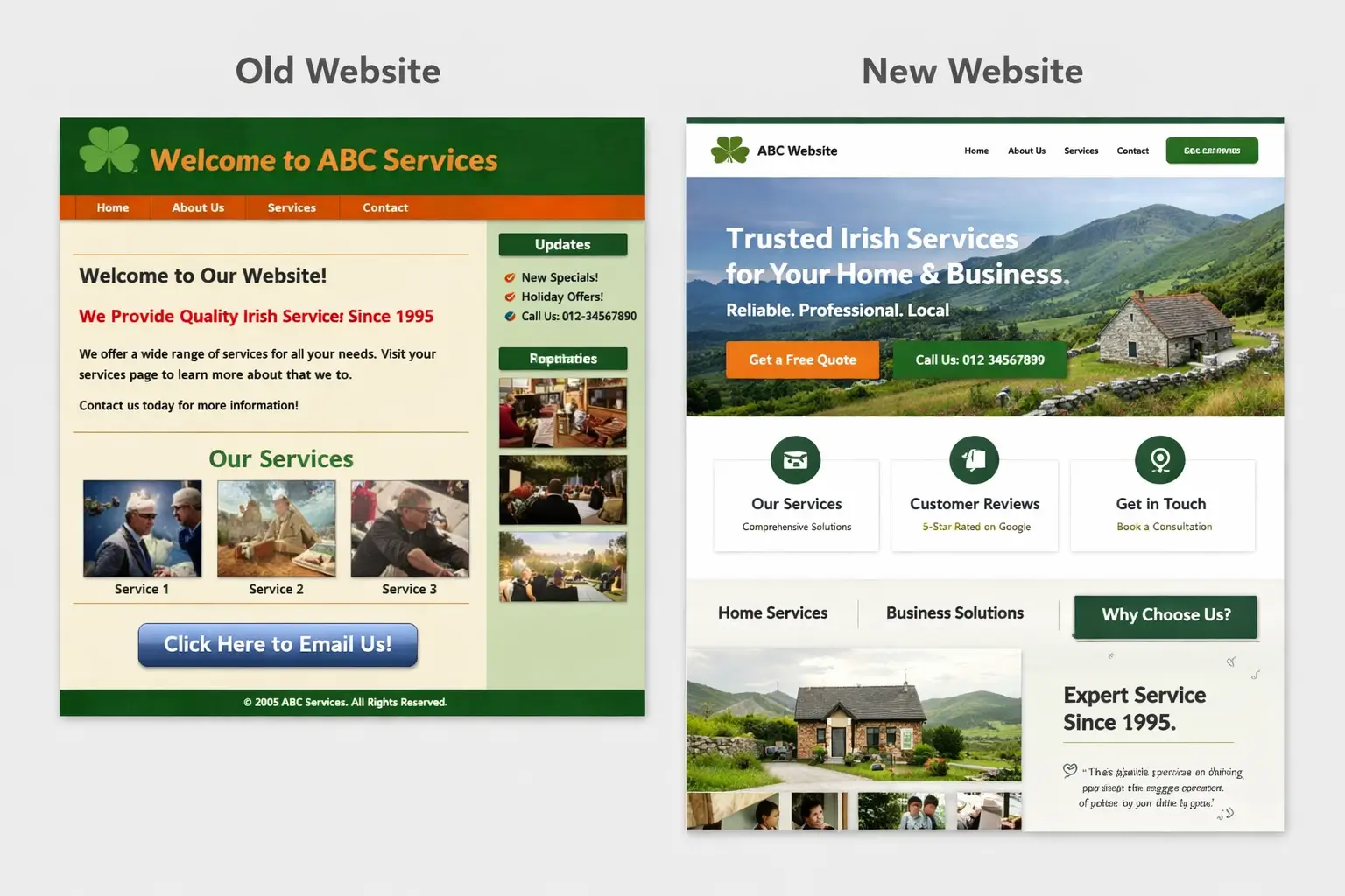 Side-by-side comparison showing a dated Irish business website versus a modern, conversion-focused redesign
