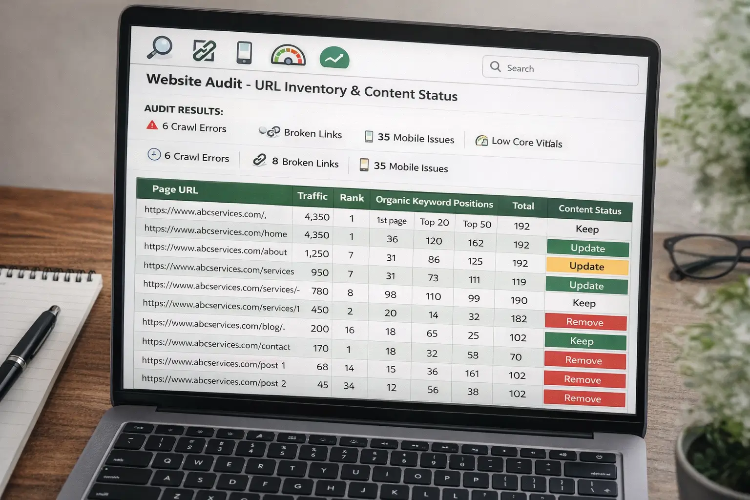 Website audit spreadsheet showing URL inventory, traffic data, and content status decisions for a website redesign project