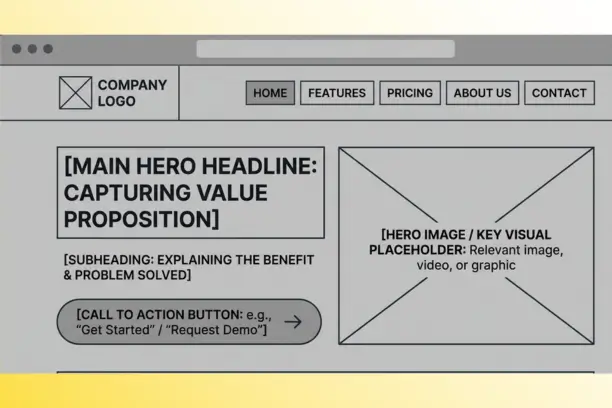 Business website homepage wireframe showing above-the-fold section with headline, subheading, call-to-action button and hero image