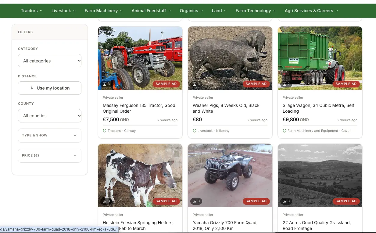 Farm Ads 365 homepage on desktop showing the category menu and featured listings