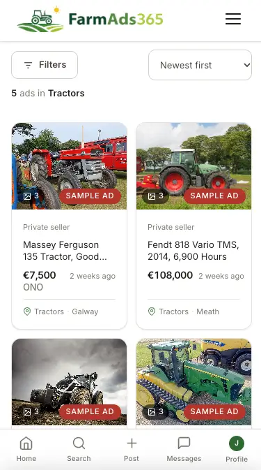 Farm Ads 365 listing page on a phone showing photos, price, location and seller details