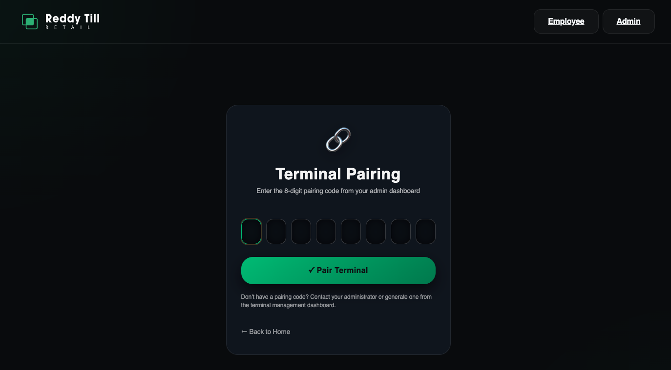 Reddy Till terminal pairing page showing the 8-digit pairing code input field and the Pair Terminal button