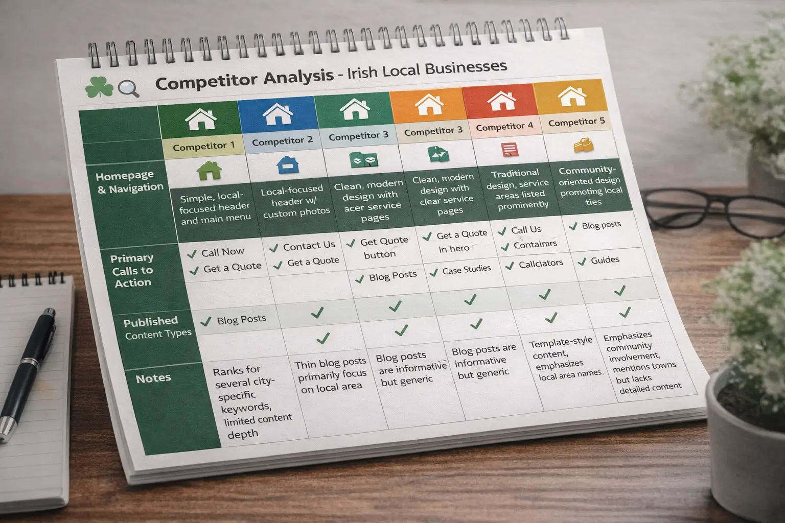 Competitor analysis comparison table showing homepage structure, CTA placement, and content types used by five competing Irish businesses