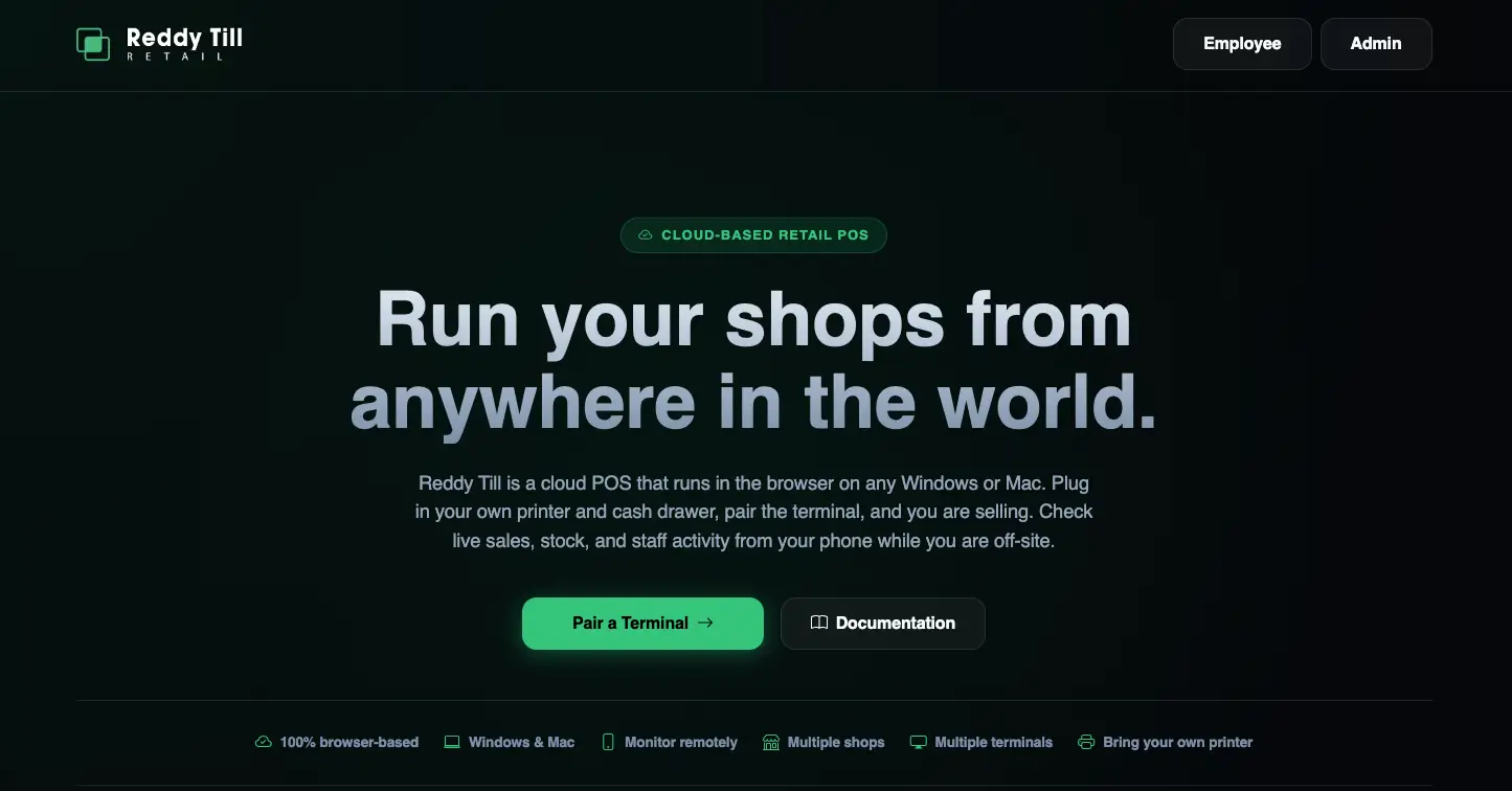 Reddy Till cloud POS homepage on a laptop showing the headline "Run your shops from anywhere in the world" with the checkout, inventory and reporting feature cards below