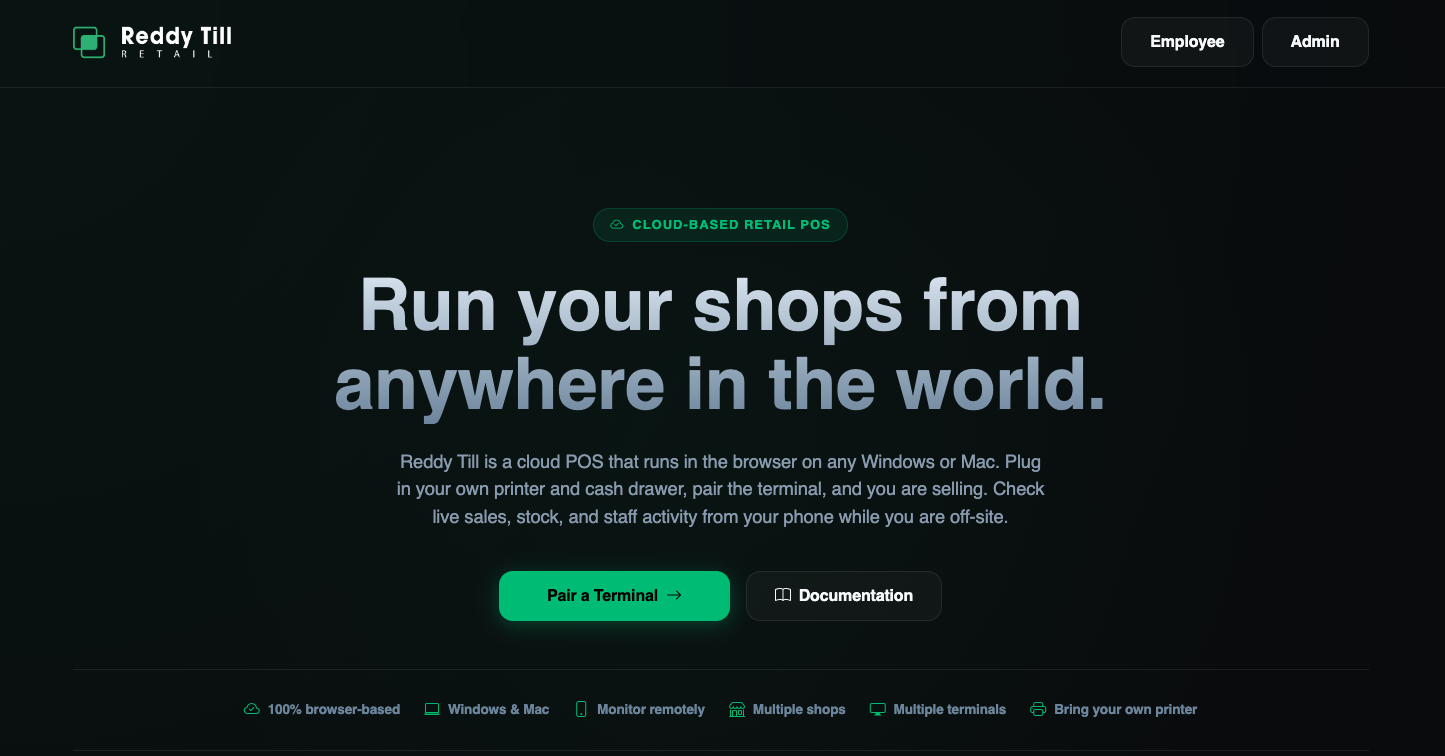 Reddy Till cloud POS homepage on a laptop showing the headline "Run your shops from anywhere in the world" with the checkout, inventory and reporting feature cards below