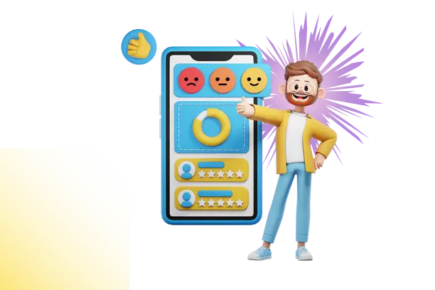 An illustration of a person beside a large phone showing a profile and star ratings